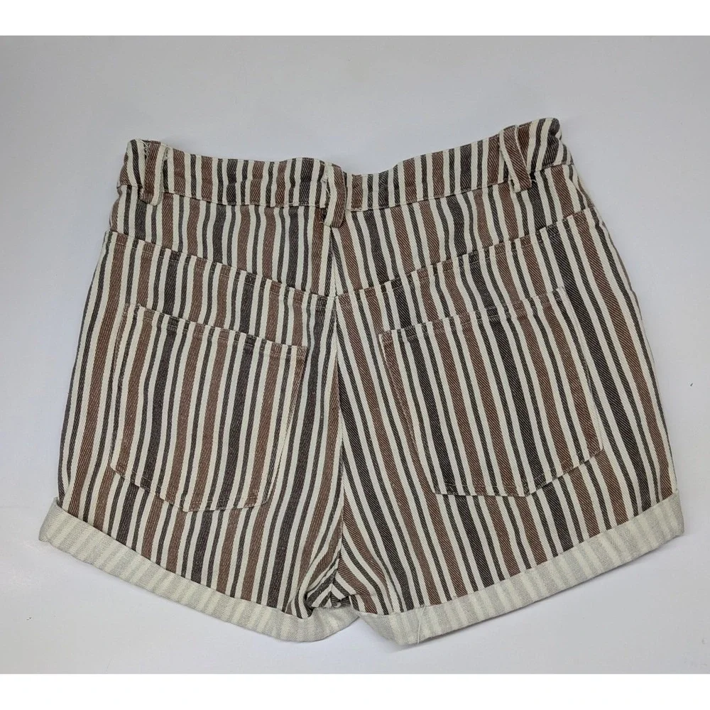 Altar'd State Striped High Waisted Denim Shorts Brown Tan Cream Cuffed XS